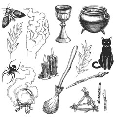 Vector set of Halloween illustrations. Hand-drawn sketches of cauldron, broom, candles, goblet, magic ball. Witch's accessories.