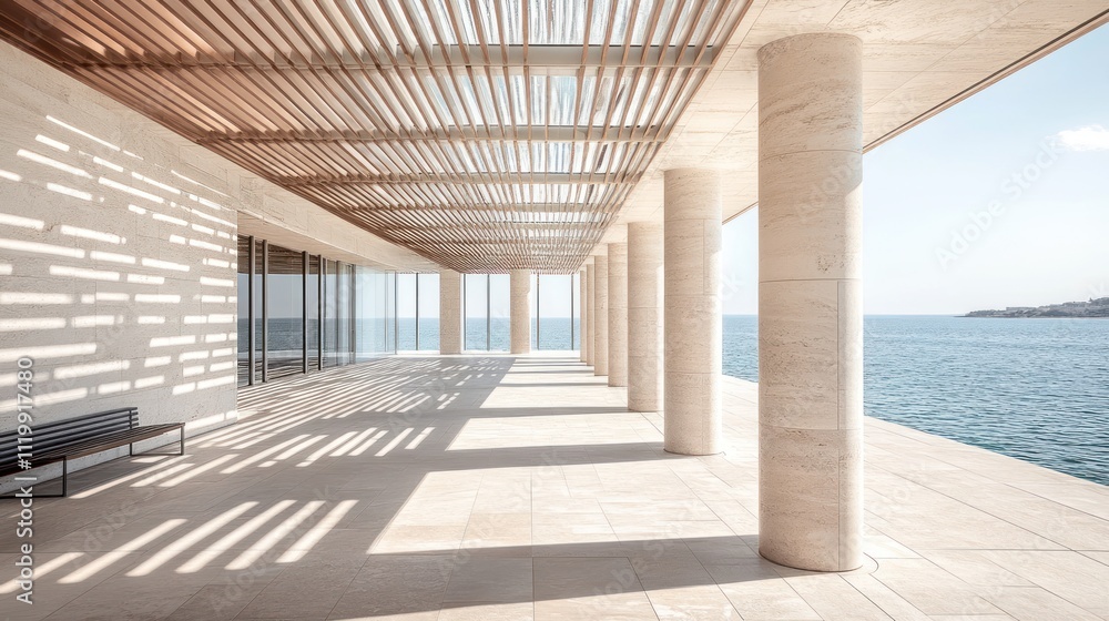 Poster Modern architectural space with columns and ocean view, featuring natural light and shadows.