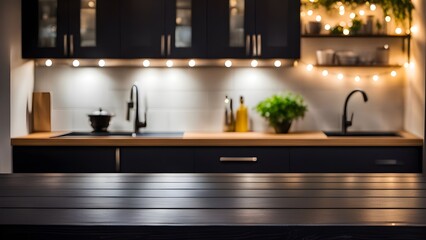 Wooden table on blurred background of kitchen bench with twinkling lights. Generative ai 