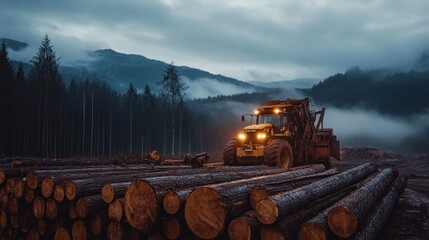 Forestry tractor at dusk among stacks of harvested logs in a mountainous forest.