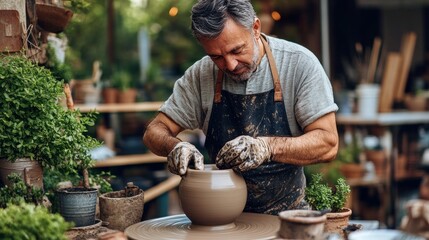 A skilled potter shapes a clay vessel in a vibrant studio surrounded by plants, showcasing craftsmanship and artistry.