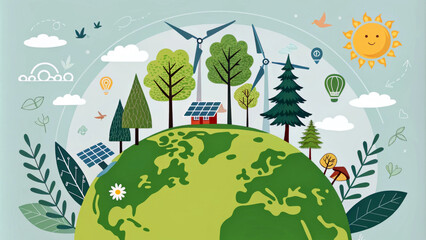 Naklejka premium A vibrant depiction of Earth shows trees, wind turbines, solar panels, and eco-friendly elements under a cheerful sun. The scene emphasizes sustainability and renewable energy.AI generated.