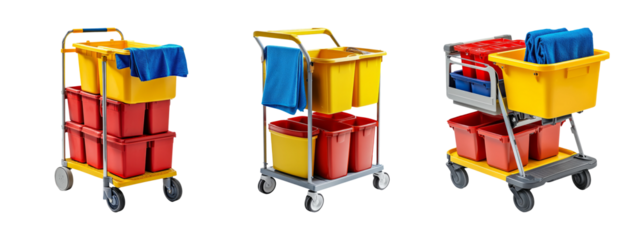 Cleaning Cart with Colorful Buckets and Blankets