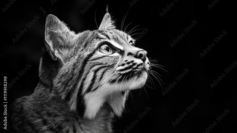 Poster a monochrome portrait of a bobcat gazing upward, highlighting its expressive features.