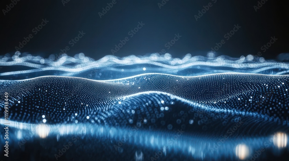 Poster A digital representation of flowing waves with glowing particles in a dark setting.