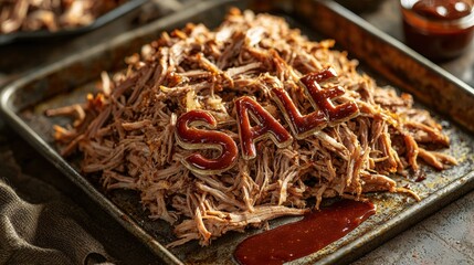 Delicious pulled pork piled high with a bold sale announcement, perfect for a feast