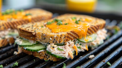 Tuna melt panini with cheddar cheese and cucumbers on a panini grill