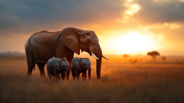 A nurturing mother elephant walks alongside her two calves in the golden light of an African sunset, symbolizing family care and protection within the wild.