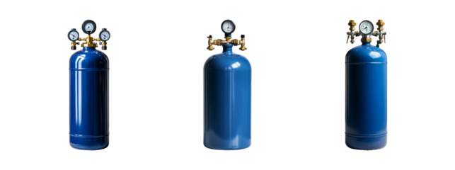 Blue Gas Cylinder with Pressure Gauges on Clear Background