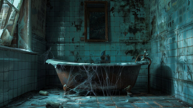 Eerie abandoned mansion bathroom with a rusted clawfoot tub and decaying blue tiles. Concept of decay, abandonment, vintage architecture, spooky atmosphere, Halloween - Powered by Adobe