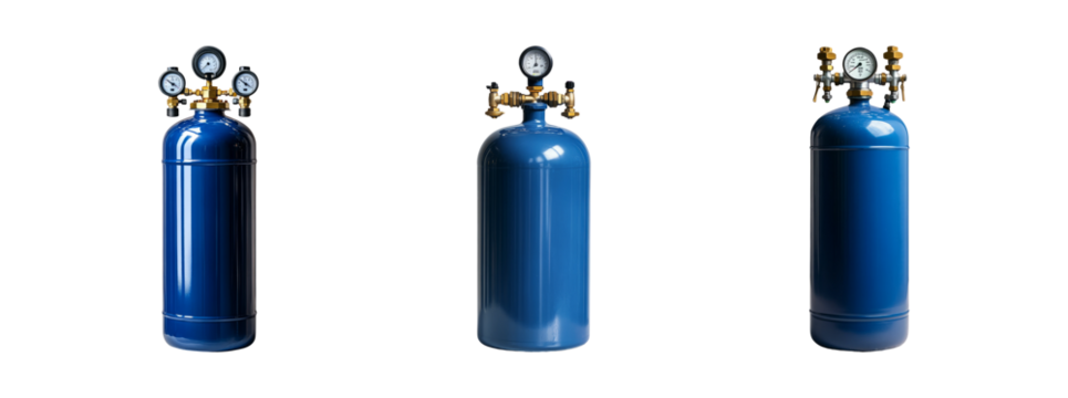 Blue Gas Cylinder with Pressure Gauges on Clear Background