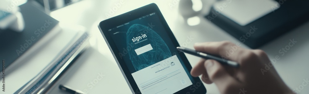 Poster A person using a smartphone with a biometric login interface.