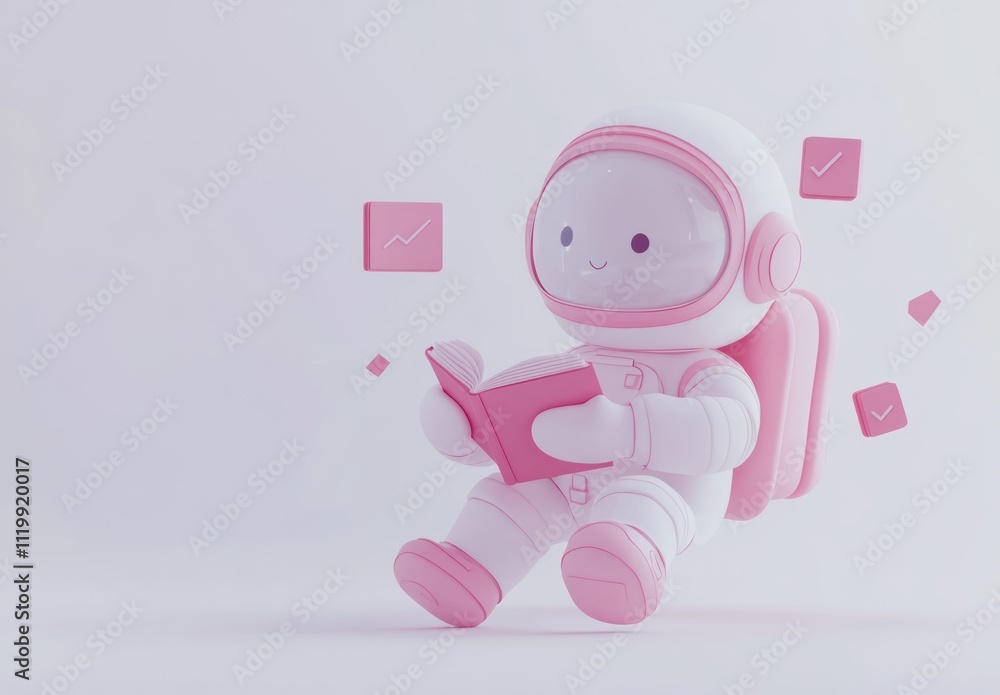Poster a cute astronaut character reading a book, surrounded by floating icons.