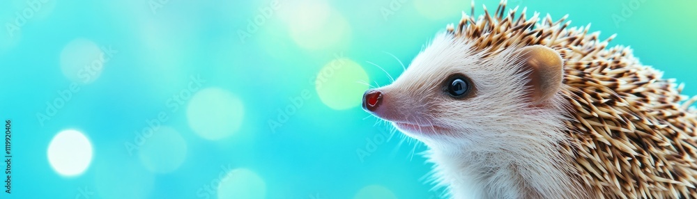 Aufkleber A close-up of a hedgehog against a soft blue background with bokeh effects.