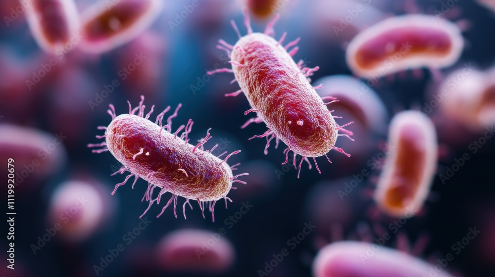Poster microbial life in action: close-up of vibrant bacteria under a microscope displaying intricate struc