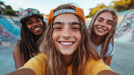 Group of NON BINARY teenagers taking a selfie at skate park. Integration in a diverse society.