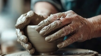 A person shapes a clay bowl on a potter's wheel, showcasing the art of pottery with hands covered in wet clay.