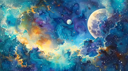 Obraz premium Watercolor Illustration of a Cosmic Space Scene with Vibrant Blue, Yellow, and Orange Nebulae and a Detailed Moon. Background