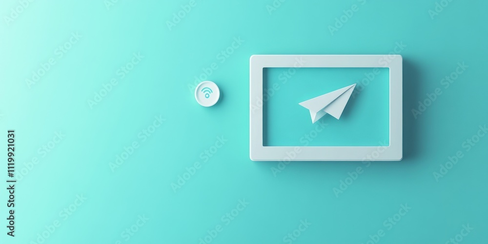 Poster A minimalist design featuring a paper airplane icon and a wireless signal symbol on a teal background.
