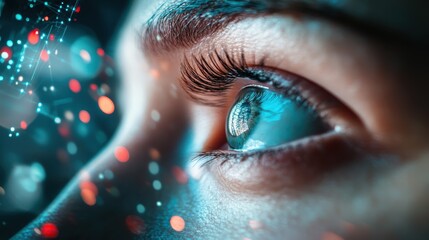 A blue eye with digital elements overlaid, symbolizing innovation and future technology, combining human vision with high-tech advancements.
