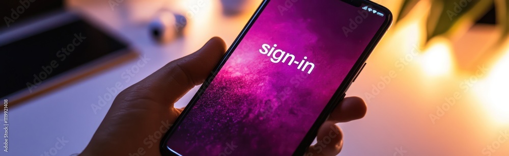 Poster a hand holds a smartphone displaying a sign-in screen with a vibrant purple background.