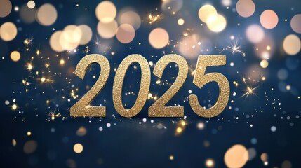 2025 in gold with sparkles and fairy lights on midnight blue background