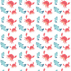 Colorful cartoon crab and fish seamless pattern on white background.