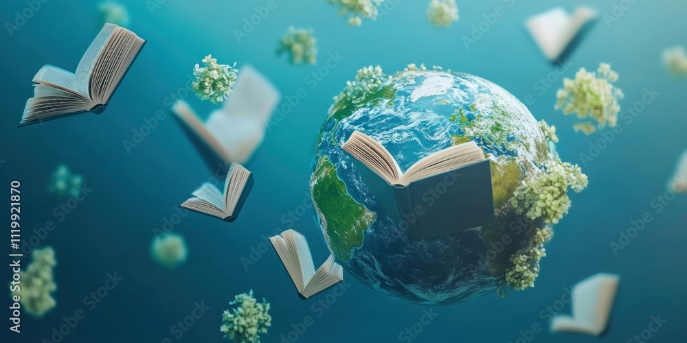 Poster an artistic representation of earth surrounded by floating books and flowers, symbolizing knowledge.