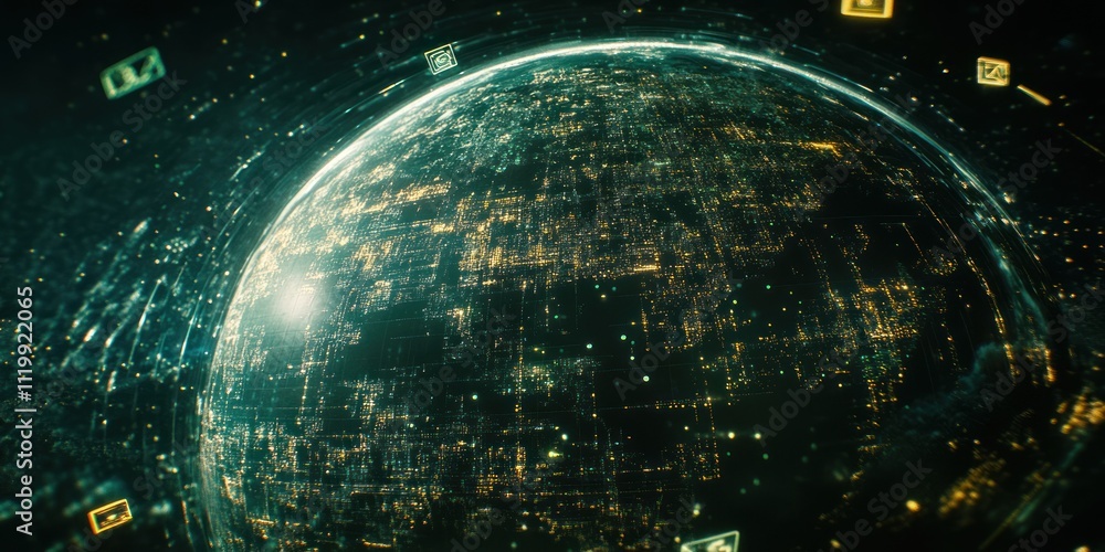 Aufkleber A digital representation of a futuristic, interconnected globe with data streams.