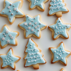Delicious blue frosted cookies shaped like stars and trees, decorated with silver beads and snowflakes, perfect for festive celebrations and holiday gatherings