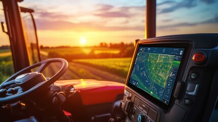 Modern Tractor Cabin Displaying Advanced Technology with GPS Navigation System During Sunset Over Beautiful Agricultural Landscape