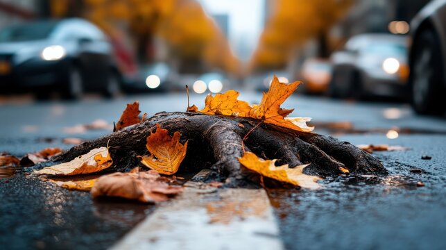 Exposed tree roots pushing through a wet road surrounded by autumn leaves, presenting a powerful visual metaphor for nature's strength against urban challenges and paths. - Powered by Adobe