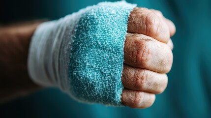 A hand with a fist wrapped in a soft, blue bandage representing care, healing, and the resilience required after an injury affecting daily life and work.