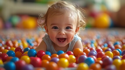 Fototapeta premium A joyful baby with tousled hair is crawling through a vibrant ball pit filled with colorful plastic balls. The atmosphere is lively, perfect for play.