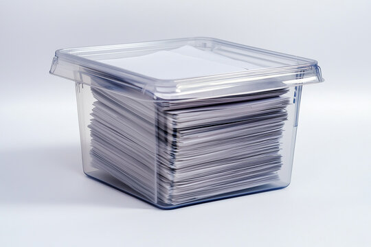 A clear container filled with neatly stacked sheets of paper.