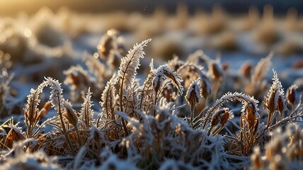 Close-up of frost-covered dried wildflowers in a snowy field, their intricate patterns glistening in soft sunlight, with a blurred natural background