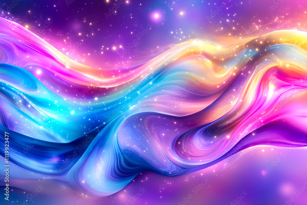Poster colorful energy beams intertwine and glow in a cosmic setting, creating a captivating visual experie