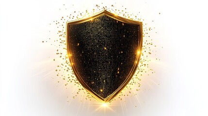 Fototapeta premium background featuring a golden security shield surrounded by glowing golden particles and neon light rays. luxurious gold foil textures on a white background, emphasizing the importance of protection 