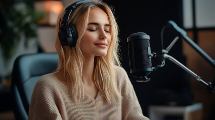 Blonde european woman radio show in studio, minimalist, modern, beautiful