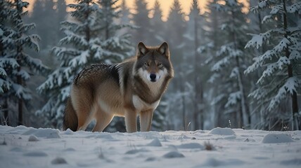Fototapeta premium Majestic wolf standing on a snowy landscape, surrounded by a serene and frosty winter setting. 