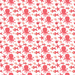 Seamless pattern of red octopuses and fish on white background.