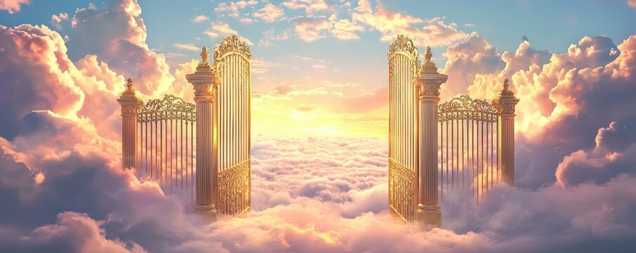 A beautiful illustration of ornate golden gates opening to a tranquil cloudscape, evoking feelings of hope and peace.