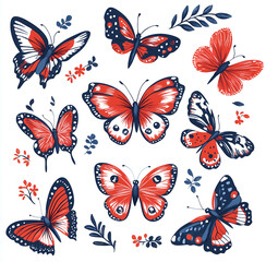 set of red butterflies, hand-drawn style, simple lines, white background