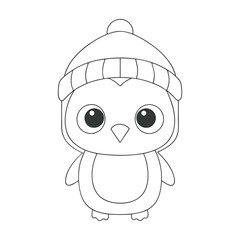 Cute Cartoon Penguin Line Art Illustration with Winter Hat.