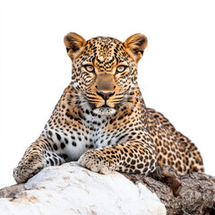 spotted leopard lounging gracefully on white background