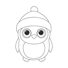 Cute Cartoon Penguin Line Art Illustration with Winter Hat.