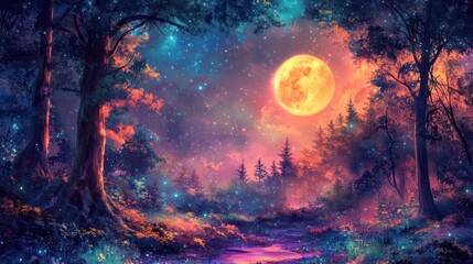 Obraz premium Enchanted Forest Under a Giant Moon