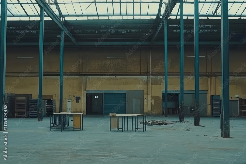 Poster An empty industrial space with tables and large windows, suggesting a former workshop.