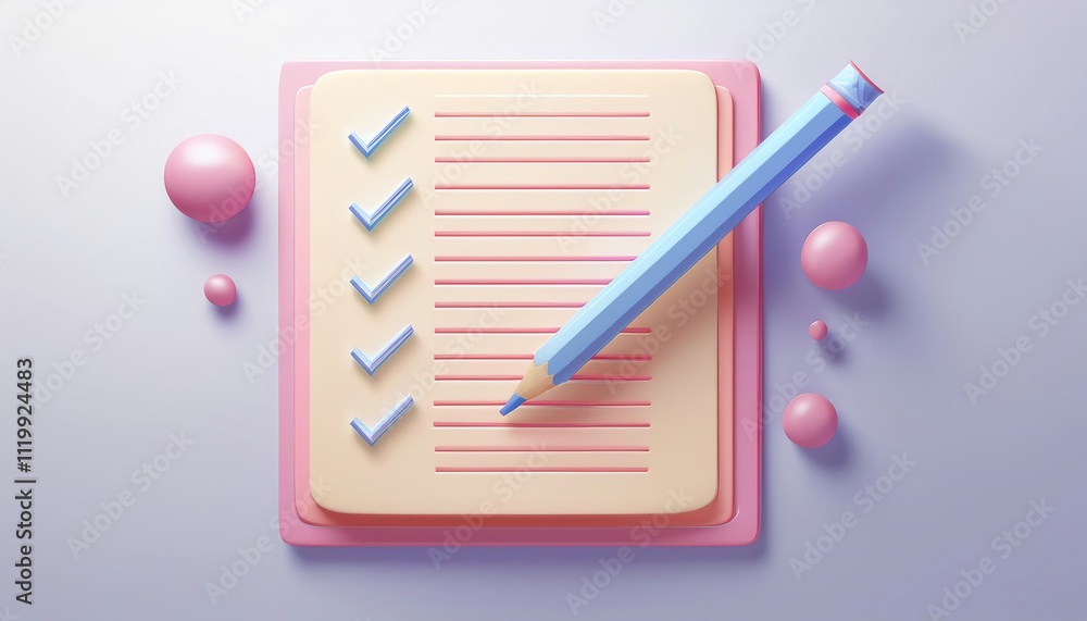 Poster a colorful checklist with checkmarks and a blue pencil on a notepad, surrounded by pink bubbles, rep