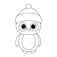 Cute Cartoon Penguin Line Art Illustration with Winter Hat.